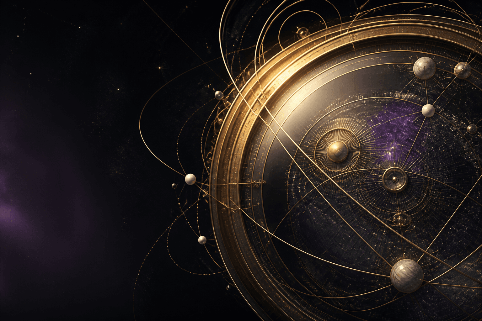 A sculptural brass celestial instrument with intersecting planetary orbits